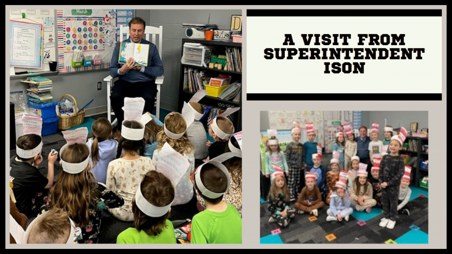 Collage of pictures of Superintendent Ison reading to students and students in class